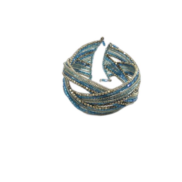 Turquoise Braided Flexible Spring Wires with Beads Cuff Bangle Bracelet 7" Wide - Picture 5 of 5
